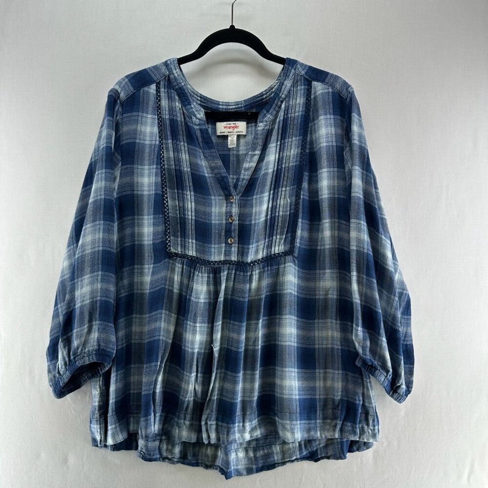 Wrangler Plaid Babydoll Blouse Womens XL Pintuck 3/4 Sleeve Viscose Peasant Blue